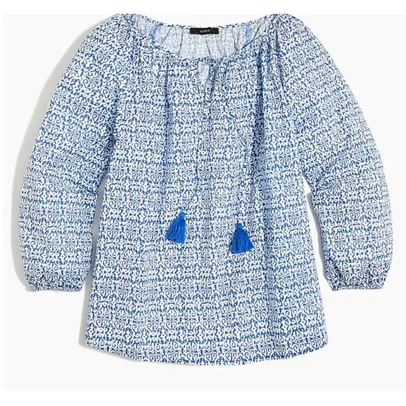 NWT J. Crew Blue and White Raglan Cotton Tassel Tie Boho Top  - SIZE MEDIUM - Picture 4 of 10